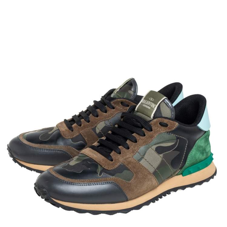 مملوكة مسبقًا Valentino Multicolor Camouflage Print Suede And Leather Rockrunner Sneakers Size 45