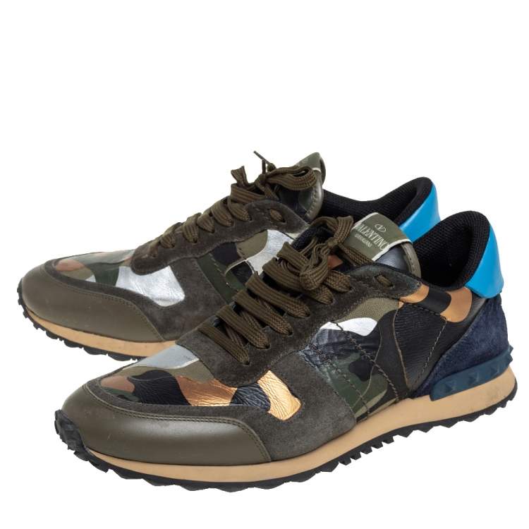 Pre Owned Valentino Multicolor Camouflage Print Canvas And Suede Rockrunner Sneakers Size 42