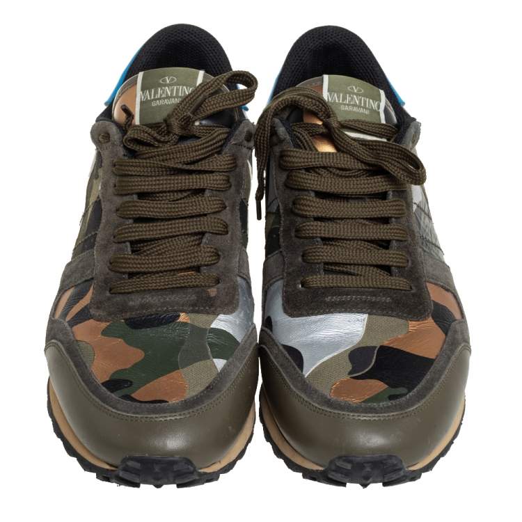 Pre Owned Valentino Multicolor Camouflage Print Canvas And Suede Rockrunner Sneakers Size 42