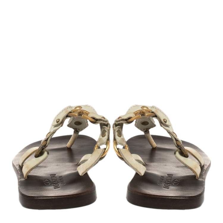 Pre Owned Valentino Cream Leather V Logo Flat Thong Sandals Size 41