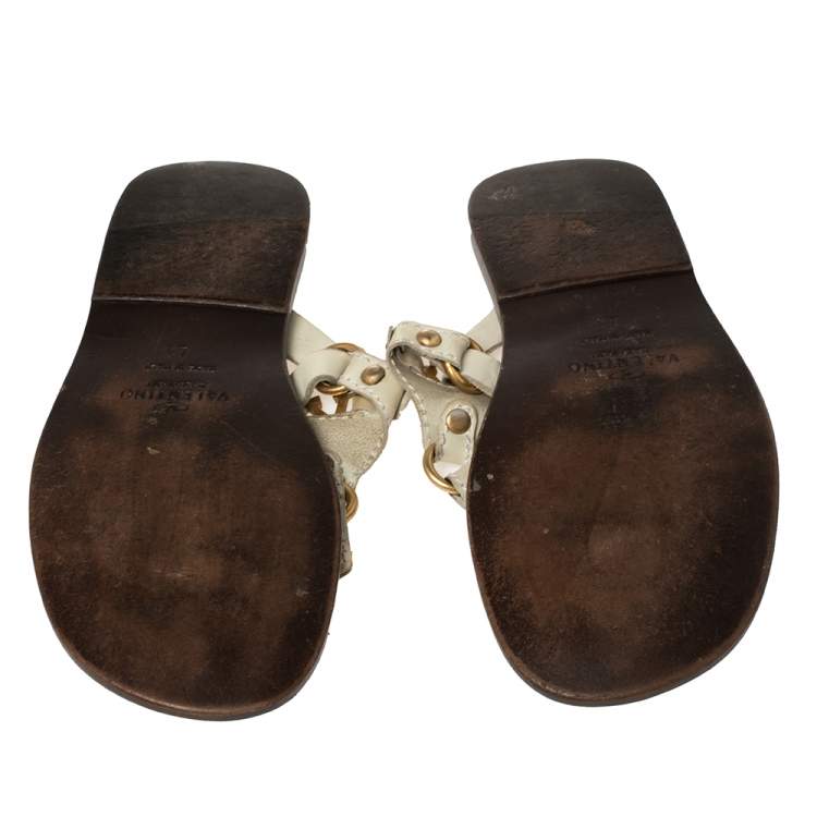Pre Owned Valentino Cream Leather V Logo Flat Thong Sandals Size 41