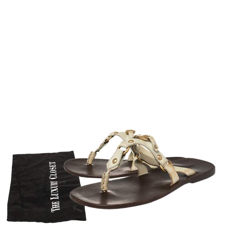 Pre Owned Valentino Cream Leather V Logo Flat Thong Sandals Size 41