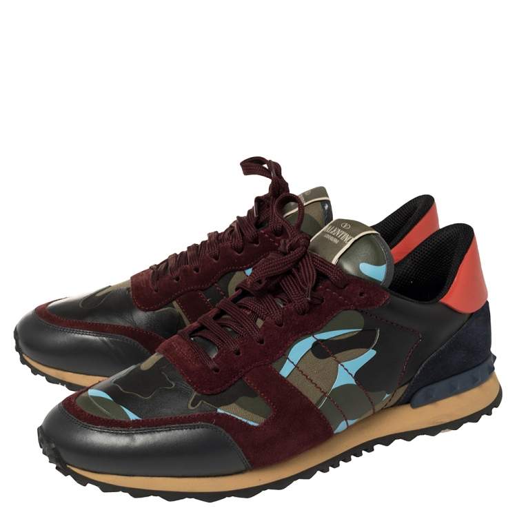 Pre Owned Valentino Multicolor Camouflage Canvas, Suede, and Leather Rockrunner Low Top Sneakers Size 46