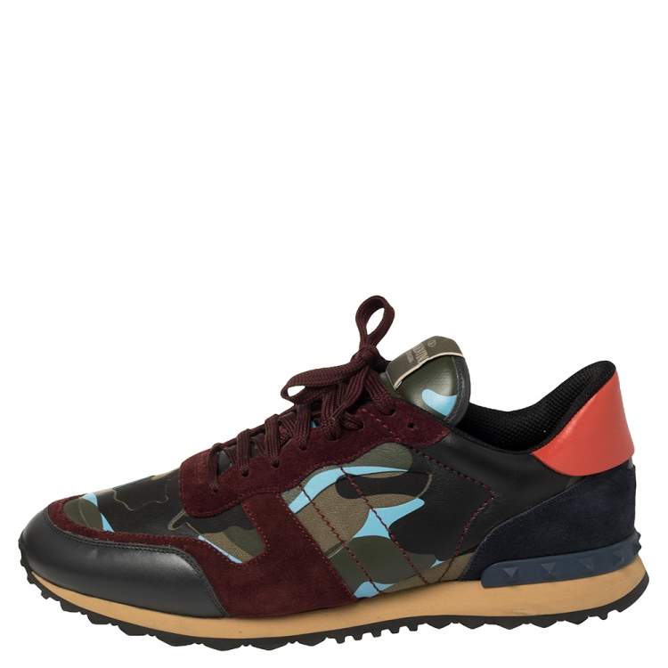 Pre Owned Valentino Multicolor Camouflage Canvas, Suede, and Leather Rockrunner Low Top Sneakers Size 46