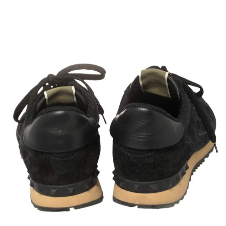 Pre Owned Valentino Black Leather and Suede Rockstud Trainer Sneakers Size 43