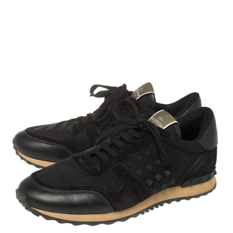 Pre Owned Valentino Black Leather and Suede Rockstud Trainer Sneakers Size 43