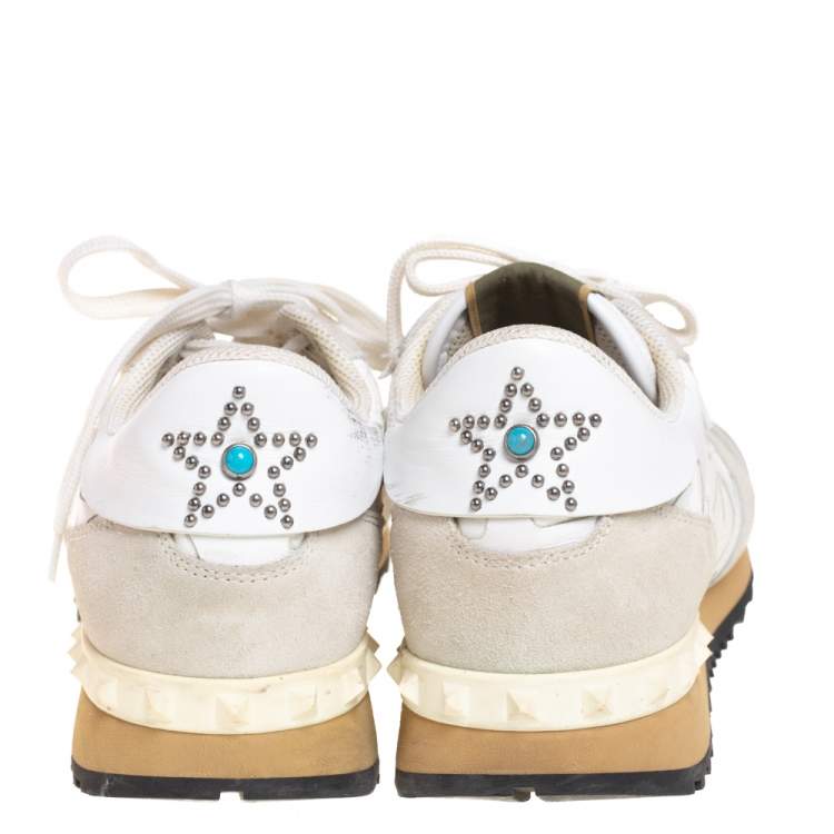 Pre Owned Valentino White/Grey Suede And Leather Rockrunner Low Top Sneakers Size 41