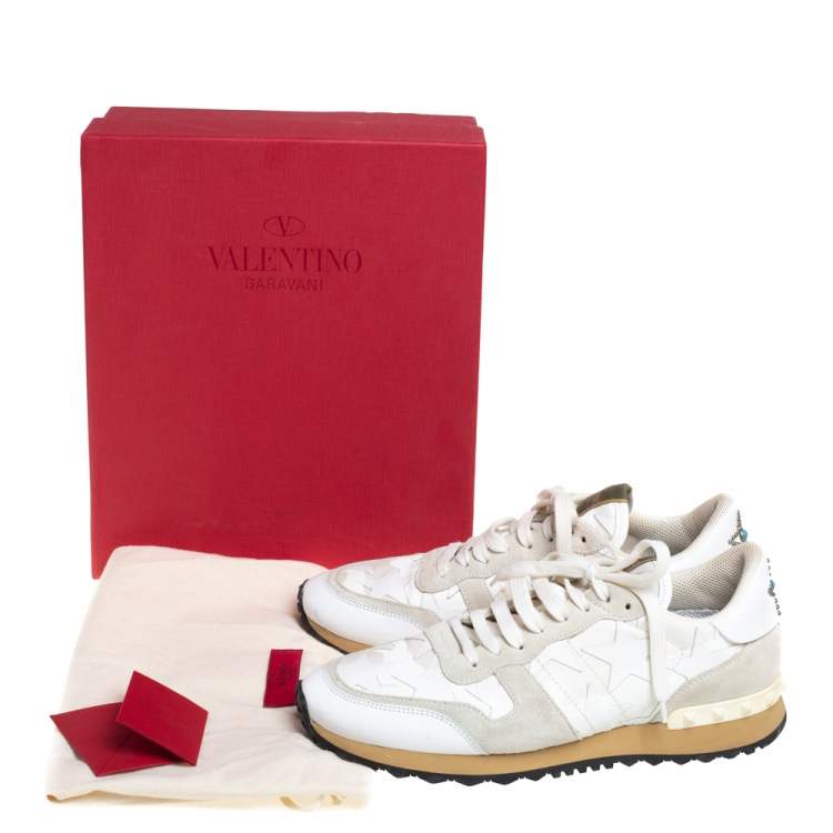 Pre Owned Valentino White/Grey Suede And Leather Rockrunner Low Top Sneakers Size 41
