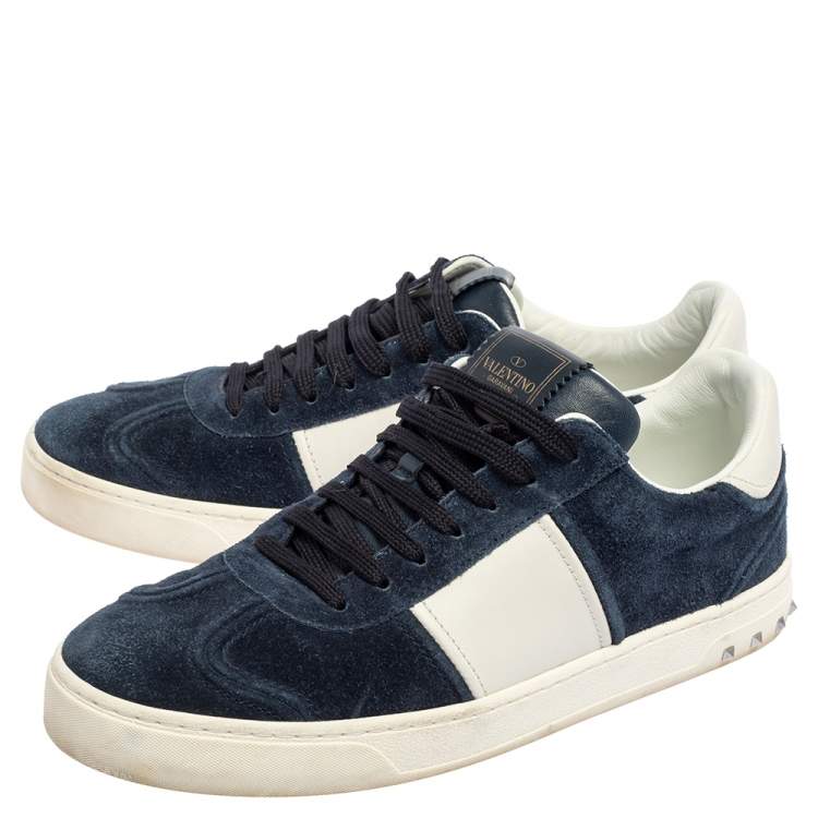 Pre Owned Valentino Blue/White Suede And Leather Flycrew Lace Up Sneakers Size 42