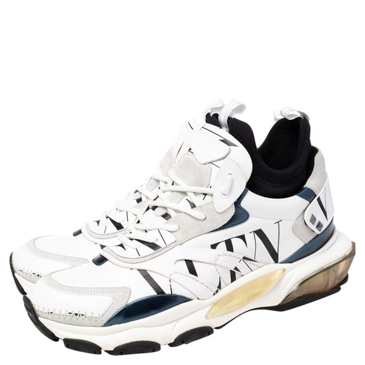 مملوكة مسبقًا Valentino White/Black Suede and Leather Camouflage Grid Bounce Sneakers Size 44