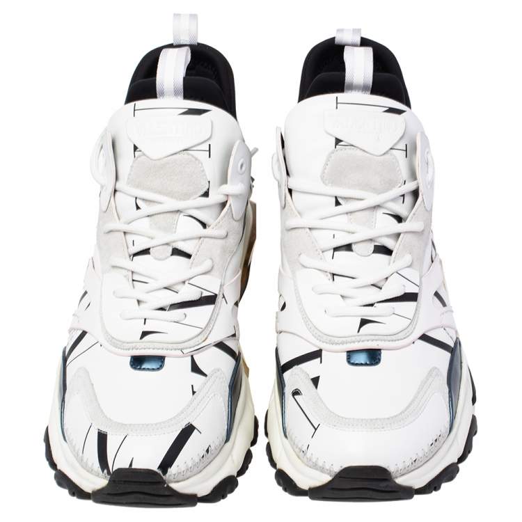 مملوكة مسبقًا Valentino White/Black Suede and Leather Camouflage Grid Bounce Sneakers Size 44
