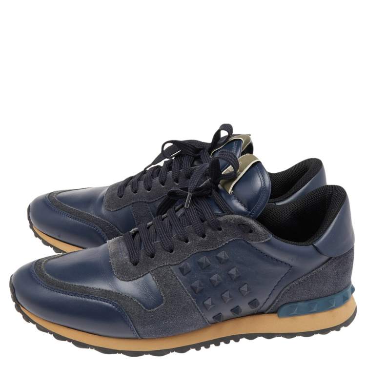 Pre Owned Valentino Navy Blue Suede And Leather Rockrunner Low Top Sneakers Size 43