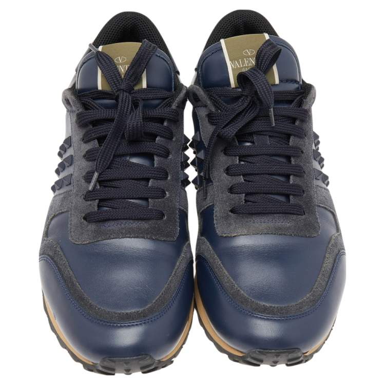 Pre Owned Valentino Navy Blue Suede And Leather Rockrunner Low Top Sneakers Size 43