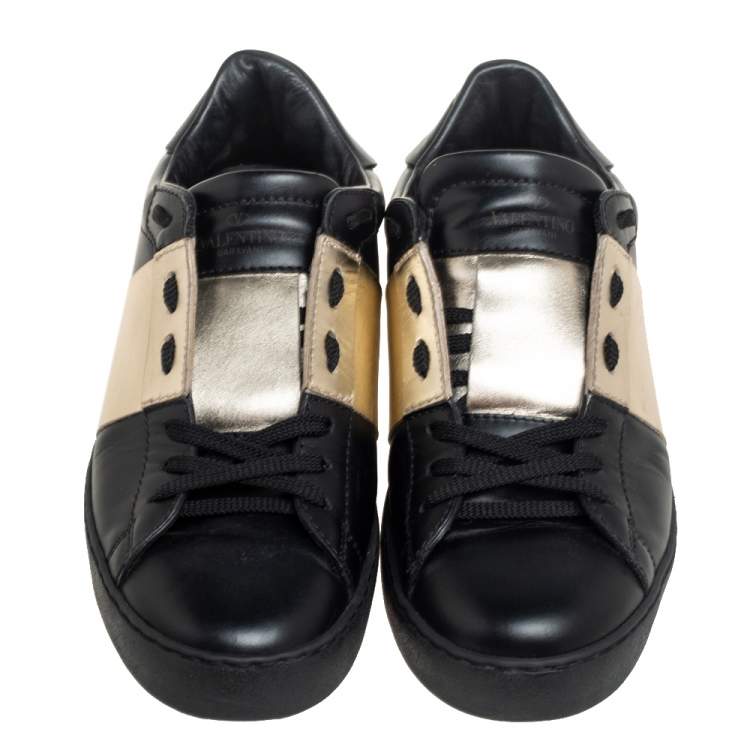 مملوكة مسبقًا Valentino Black/Metallic Gold Band Leather Open Low Top Sneakers Size 41