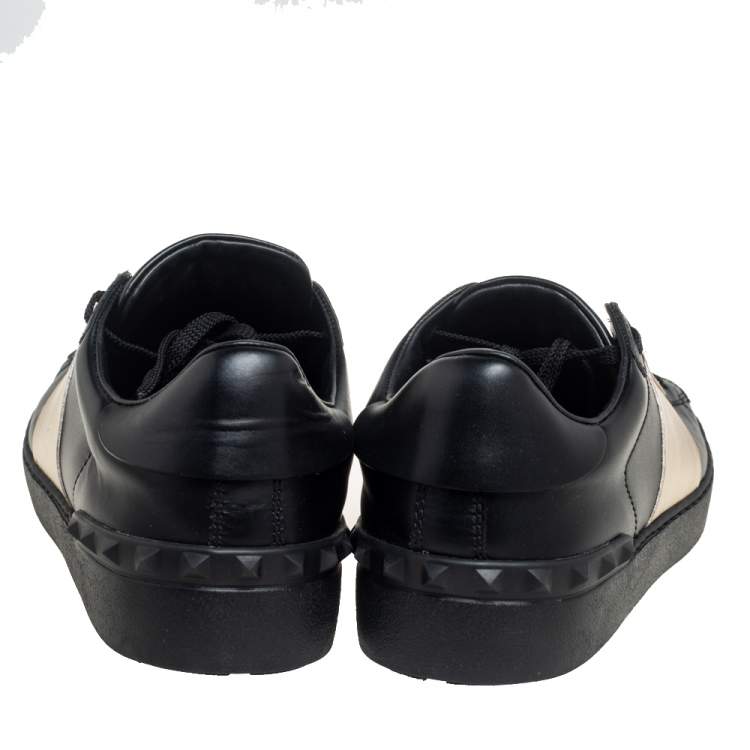 مملوكة مسبقًا Valentino Black/Metallic Gold Band Leather Open Low Top Sneakers Size 41