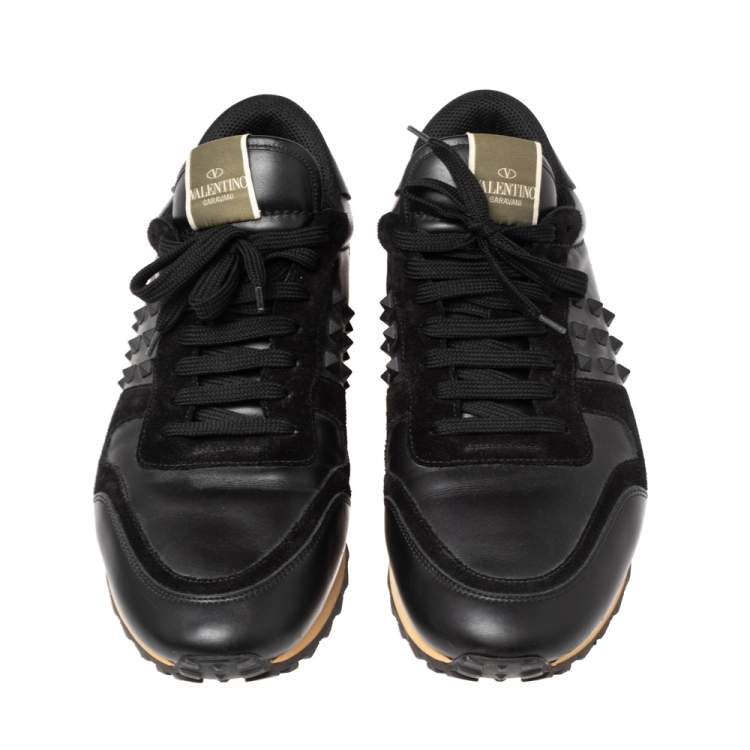 Pre Owned Valentino Black Leather And Suede Rockstud Sneakers Size 45