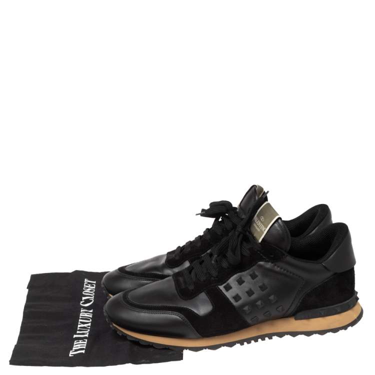 Pre Owned Valentino Black Leather And Suede Rockstud Sneakers Size 45