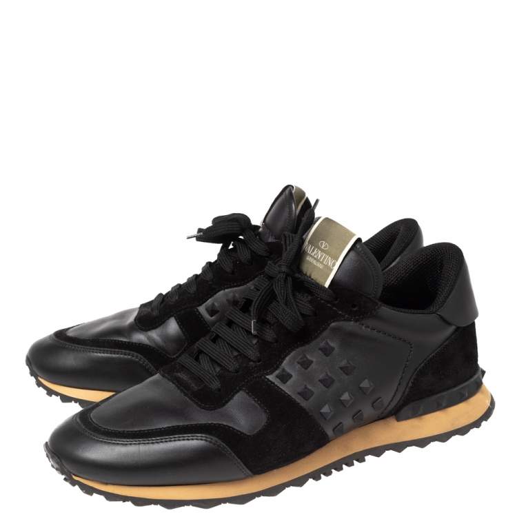 Pre Owned Valentino Black Leather And Suede Rockstud Sneakers Size 45