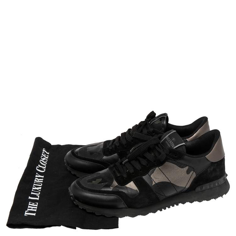 Pre Owned Valentino Black Suede And Camo Leather Rockstud Sneakers Size 43
