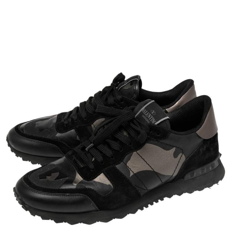 Pre Owned Valentino Black Suede And Camo Leather Rockstud Sneakers Size 43