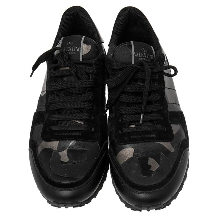 Pre Owned Valentino Black Suede And Camo Leather Rockstud Sneakers Size 43