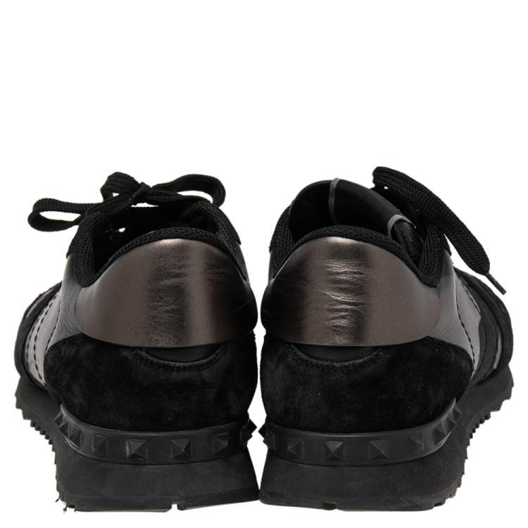 Pre Owned Valentino Black Suede And Camo Leather Rockstud Sneakers Size 43