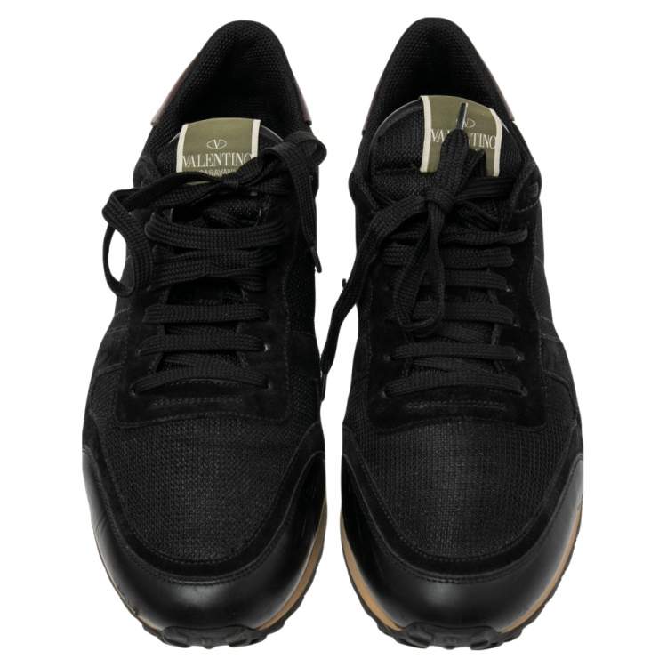 Pre Owned Valentino Black  Leather And Suede Rockstud Low Top Sneakers Size 43