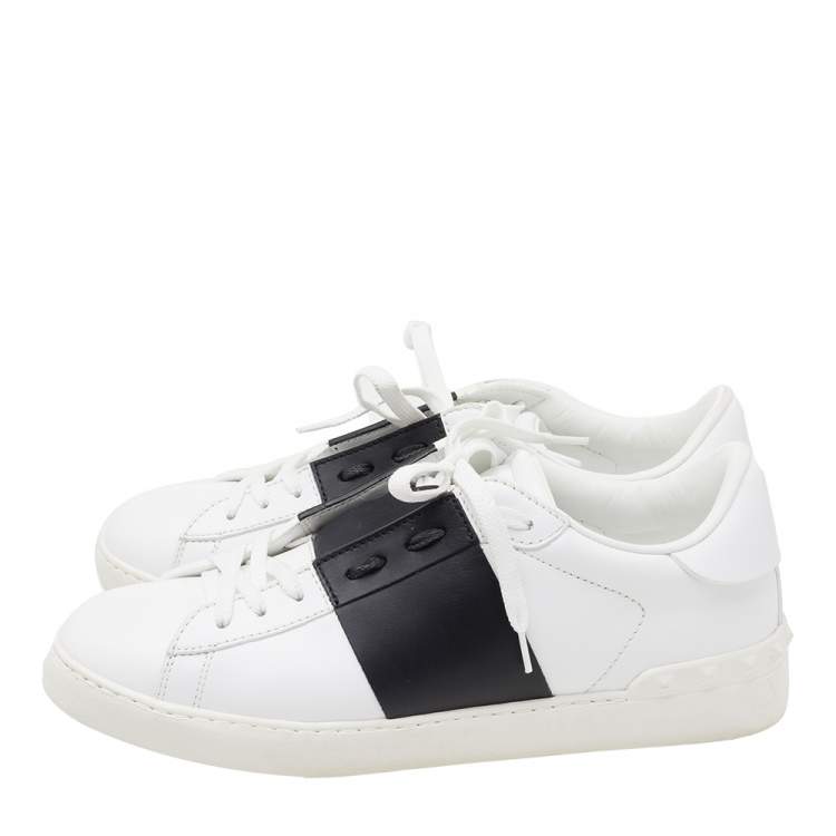 مملوكة مسبقًا Valentino White/Black Band Leather Open Low Top Sneakers Size 40