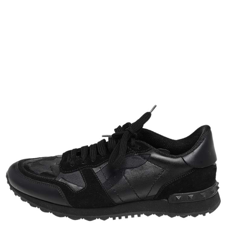 Pre Owned Valentino Black Camouflage Leather and Suede Rockrunner Low Top Sneakers Size 39