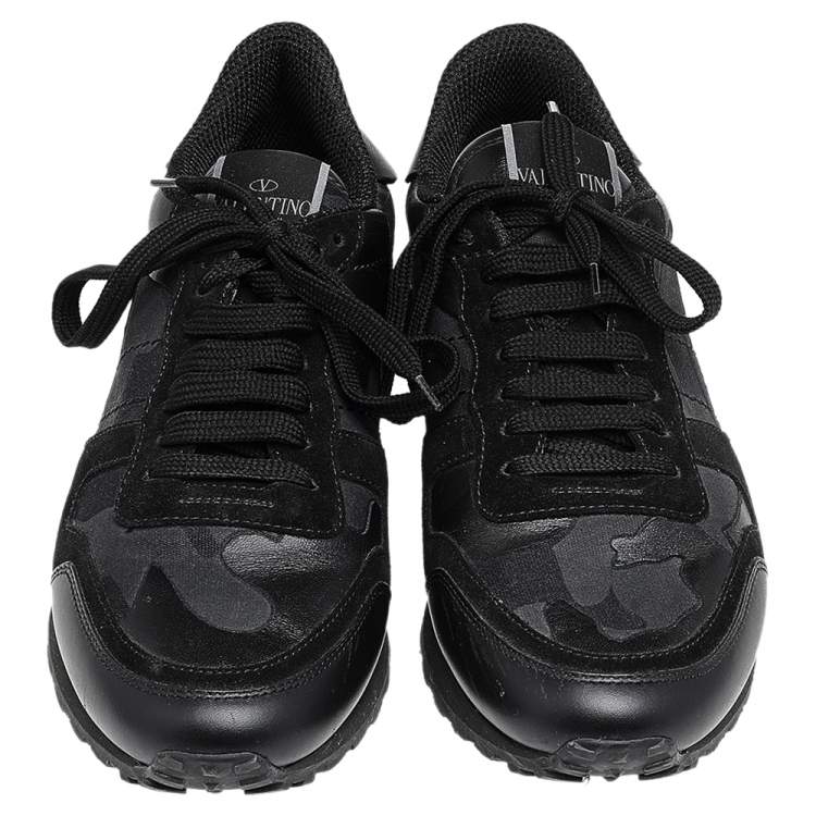 Pre Owned Valentino Black Camouflage Leather and Suede Rockrunner Low Top Sneakers Size 39