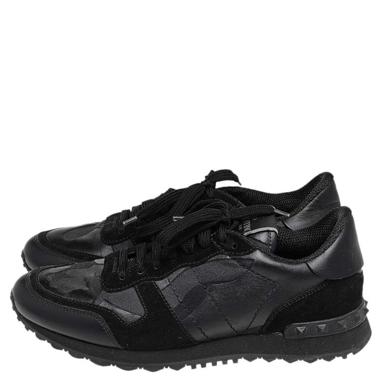 Pre Owned Valentino Black Camouflage Leather and Suede Rockrunner Low Top Sneakers Size 39