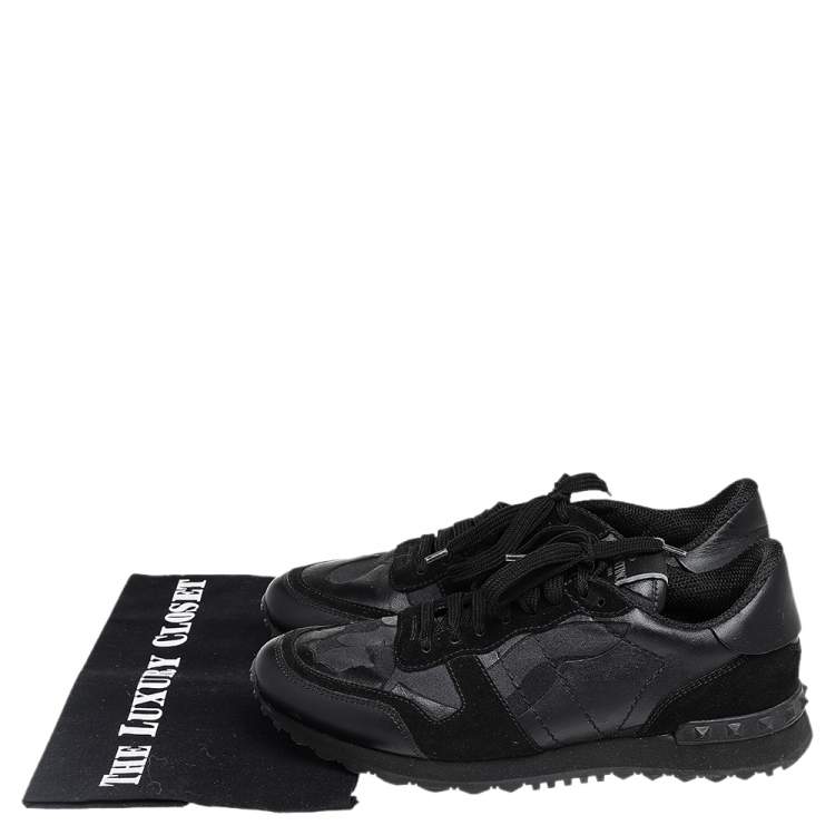 Pre Owned Valentino Black Camouflage Leather and Suede Rockrunner Low Top Sneakers Size 39