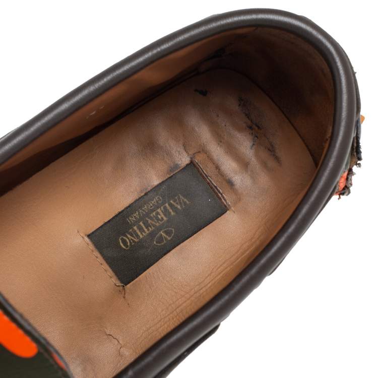 Pre Owned Valentino Green/Orange Camouflage Leather Bow Loafers Size 40