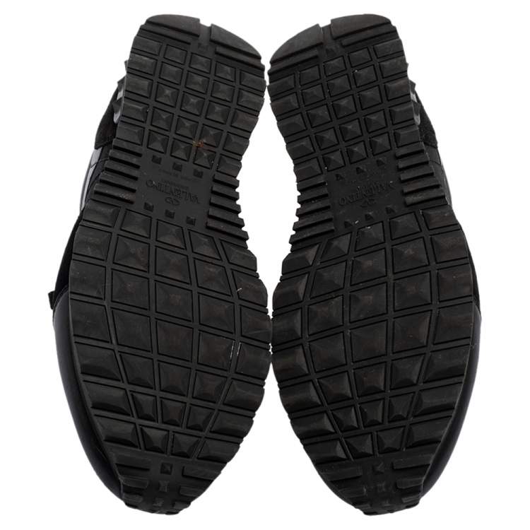 Pre Owned Valentino Black Leather, Canvas and Suede Rockrunner Low-Top Sneakers Size 42