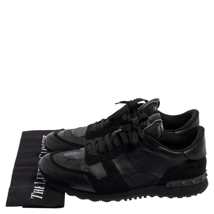 Pre Owned Valentino Black Leather, Canvas and Suede Rockrunner Low-Top Sneakers Size 42