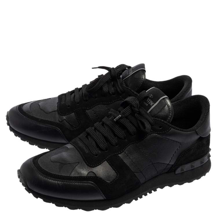 Pre Owned Valentino Black Leather, Canvas and Suede Rockrunner Low-Top Sneakers Size 42