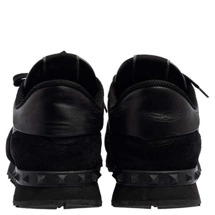 Pre Owned Valentino Black Leather, Canvas and Suede Rockrunner Low-Top Sneakers Size 42