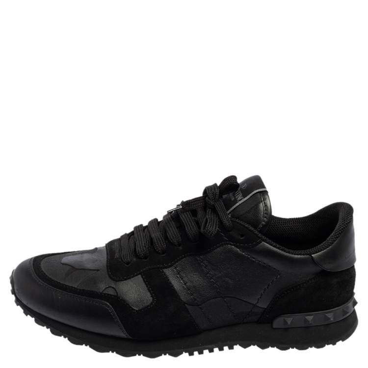 Pre Owned Valentino Black Leather, Canvas and Suede Rockrunner Low-Top Sneakers Size 42