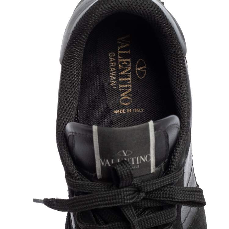 Pre Owned Valentino Black Leather, Canvas and Suede Rockrunner Low-Top Sneakers Size 42