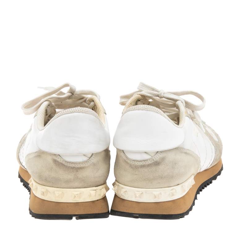 مملوكة مسبقًا Valentino Grey/White Leather and Suede Rockrunner Low-Top Sneakers Size 42