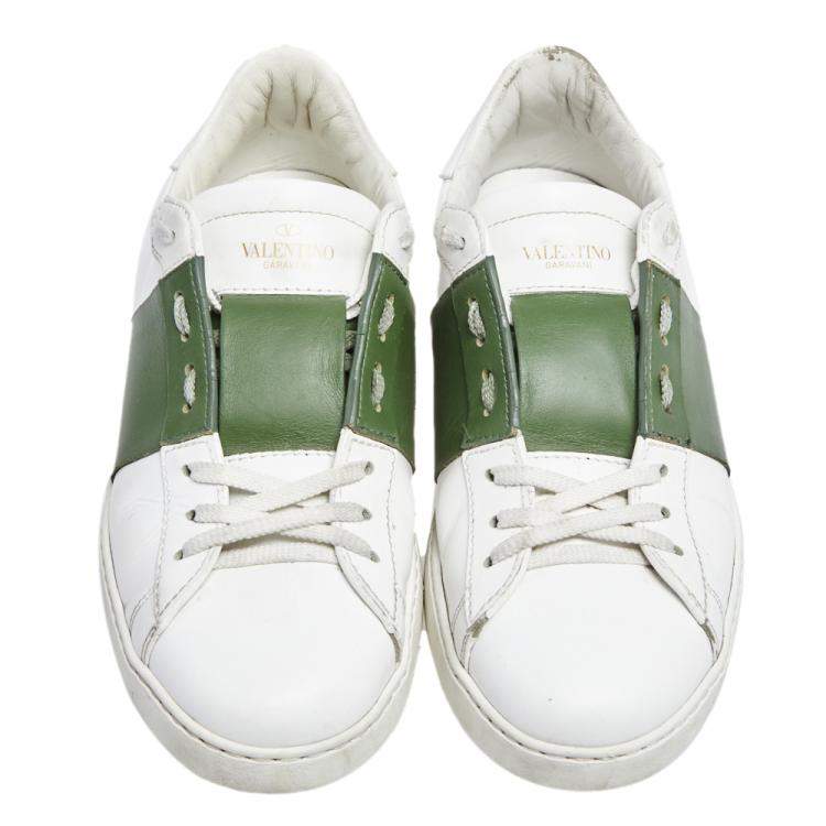Pre Owned Valentino White/Green Leather Low Top Sneakers Size 42