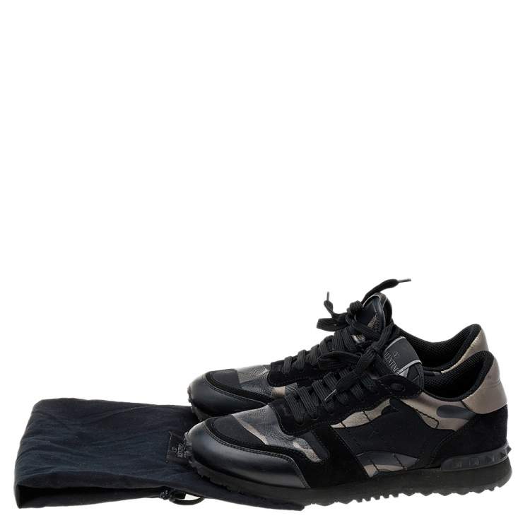 Pre Owned Valentino Black Camouflage Leather And Canvas Rockrunner Low Top Sneakers Size 40.5