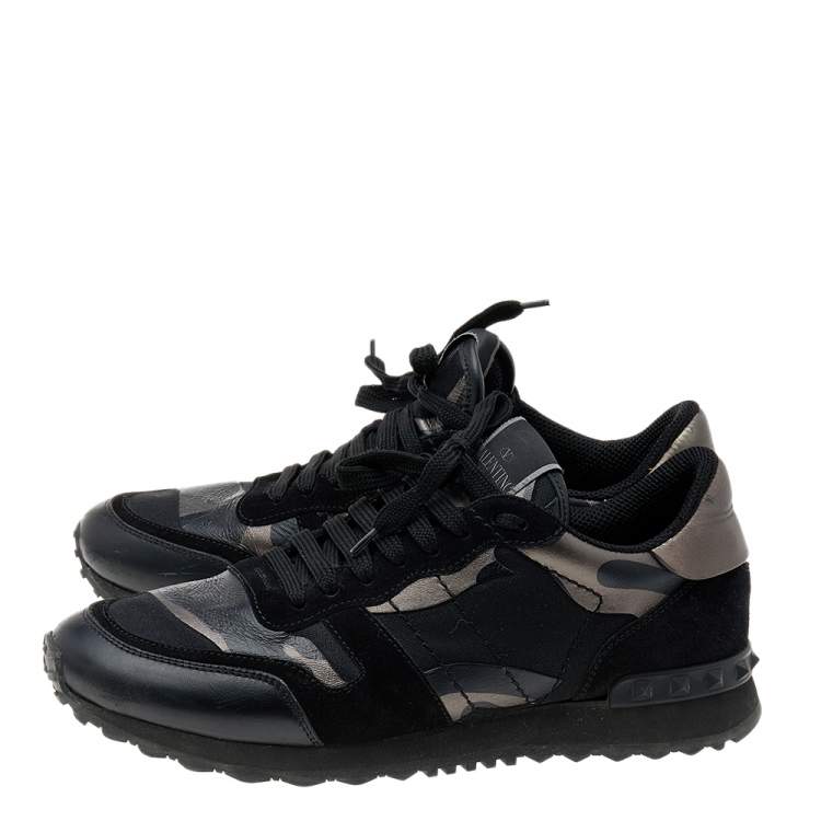 Pre Owned Valentino Black Camouflage Leather And Canvas Rockrunner Low Top Sneakers Size 40.5