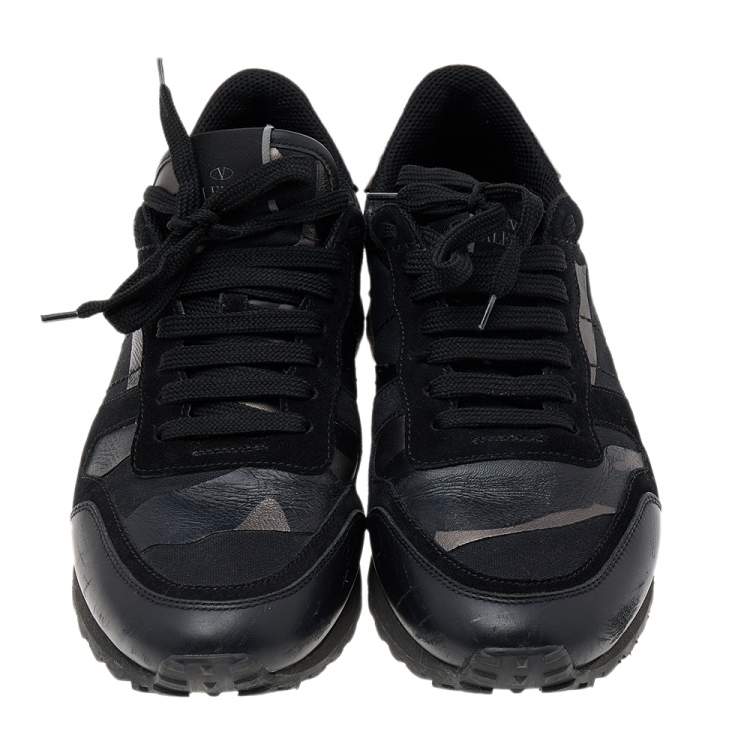 Pre Owned Valentino Black Camouflage Leather And Canvas Rockrunner Low Top Sneakers Size 40.5