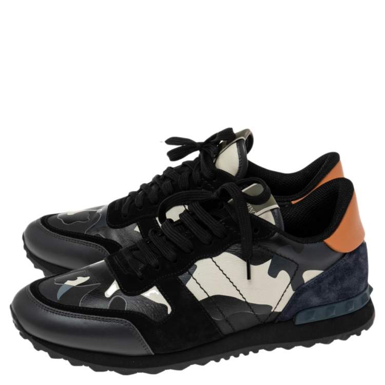 مملوكة مسبقًا Valentino Multicolor Camouflage Leather, Canvas and Suede Rockrunner Low-Top Sneakers Size 43