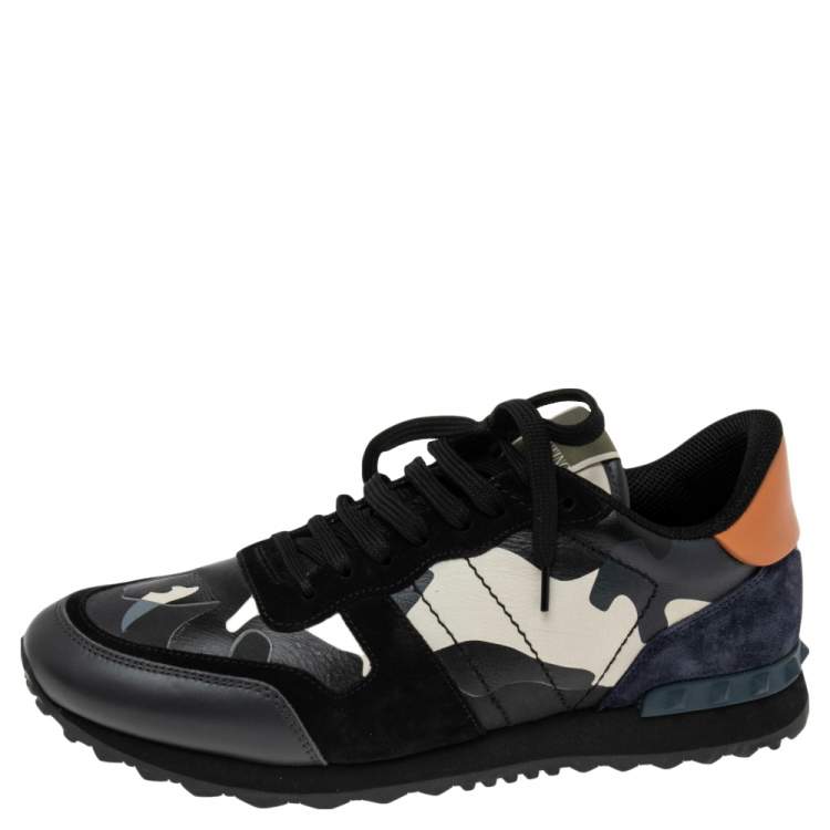 مملوكة مسبقًا Valentino Multicolor Camouflage Leather, Canvas and Suede Rockrunner Low-Top Sneakers Size 43