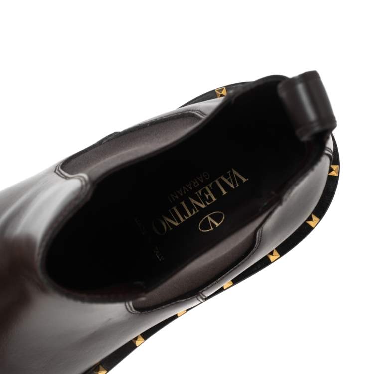Pre Owned Valentino Dark Brown Leather Studded Chelsea Boots Size 41