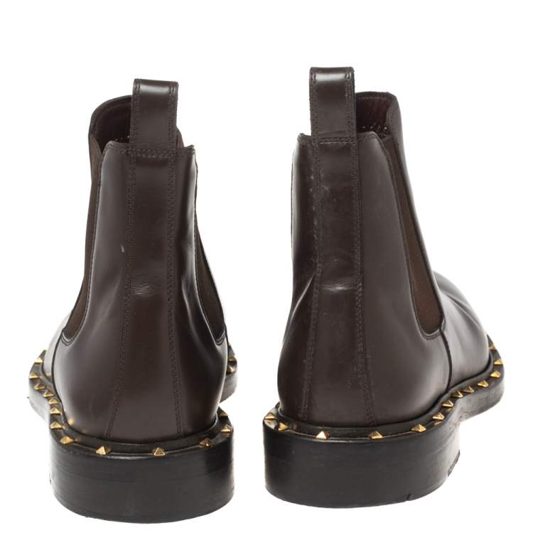 Pre Owned Valentino Dark Brown Leather Studded Chelsea Boots Size 41