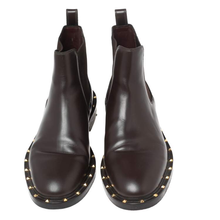 Pre Owned Valentino Dark Brown Leather Studded Chelsea Boots Size 41
