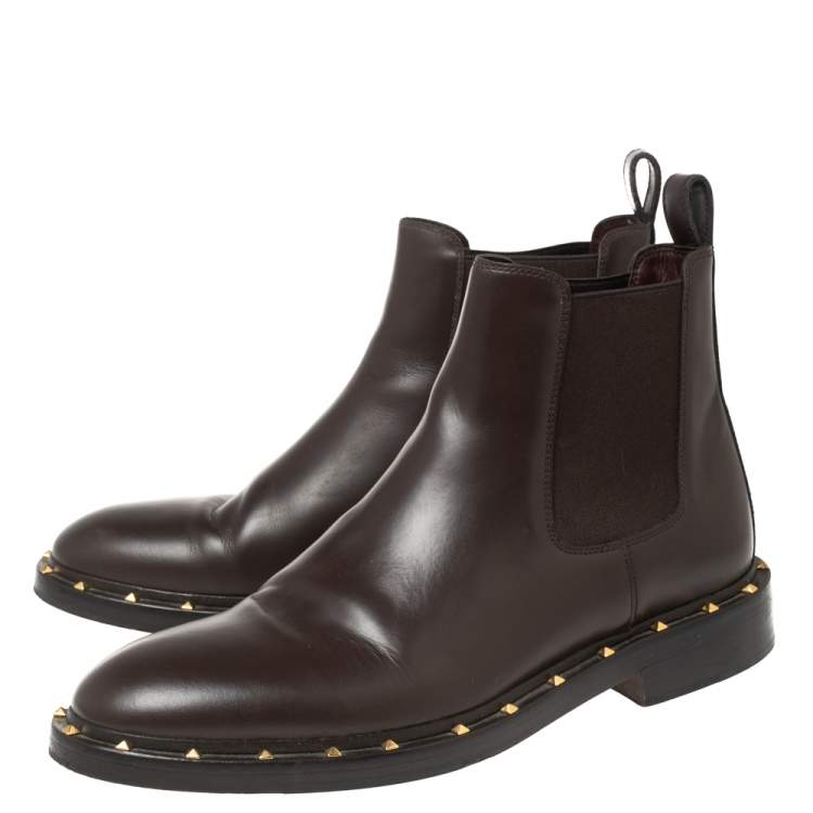 Pre Owned Valentino Dark Brown Leather Studded Chelsea Boots Size 41